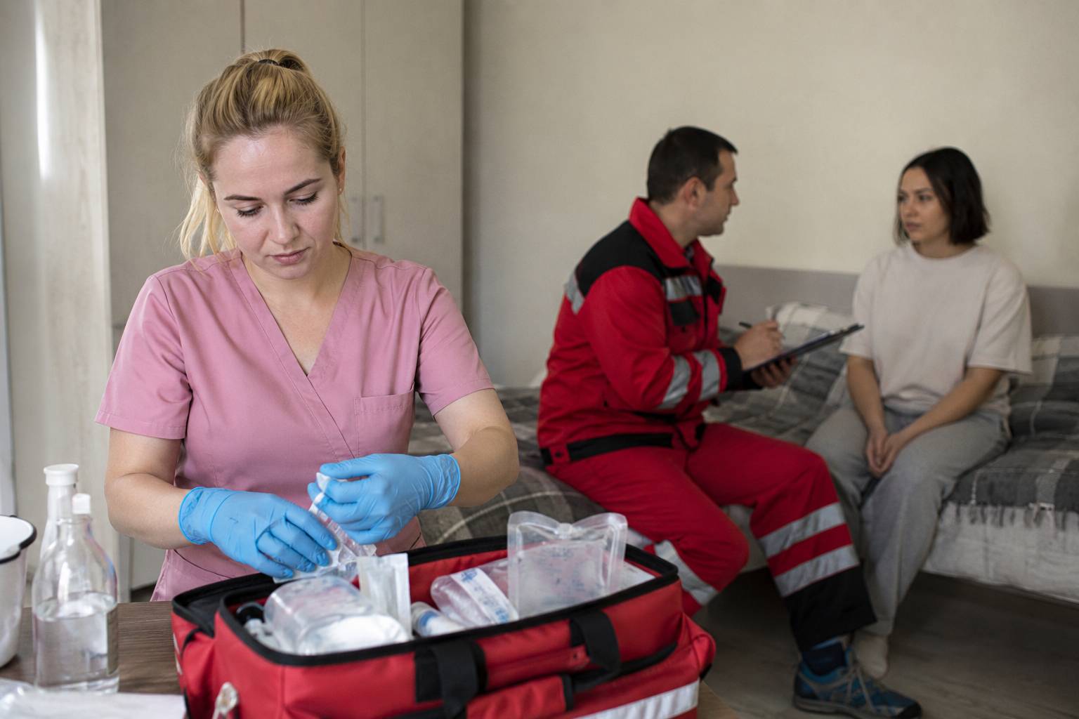 Медицинская бригада оказывает помощь наркозависимому пациенту